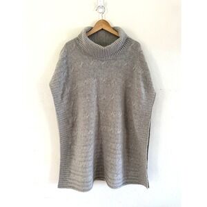 Cortland Park Womens 100% Cashmere Cable Knit Turtleneck Poncho Heather Gray
